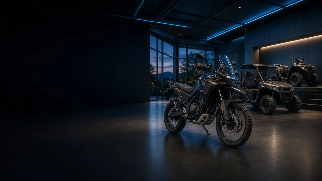 Adventure motorcycle, side-by-side, and ATV in a premium powersports showroom